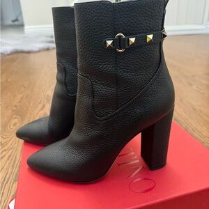 Valentino Black Textured Heeled Boots with Gold Studs